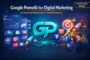 Google Pomelli AI digital marketing infographic thumbnail, AI-powered marketing dashboard, GP logo teal glow, automation tools, content generation, social media icons Instagram Facebook, analytics charts growth target rocket, small business marketing AI, navy blue tech background, “Google Pomelli for Digital Marketing” complete guide 2026, futuristic marketing automation illustration, www.digitalarijit.com